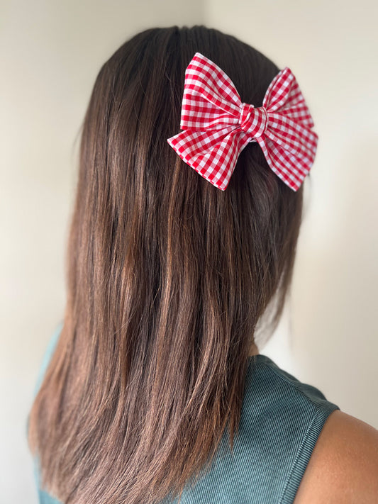 Red Gingham Hand Tied Hair Bow