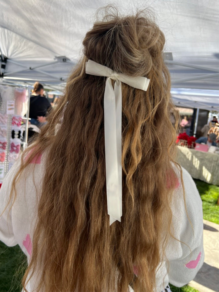 Ivory Satin Long Tailed Hair Bow