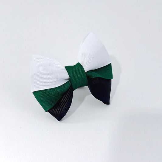 Green, white and Navy Small Stacked Hair Bow