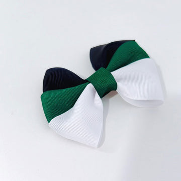 Green, white and Navy Small Stacked Hair Bow