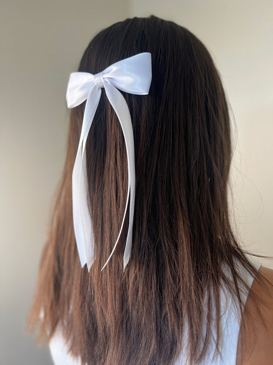 White Satin  Double Tailed Hair Bow - Holy Communion/Baptism