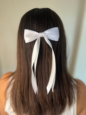 White Satin  Double Tailed Hair Bow - Holy Communion/Baptism