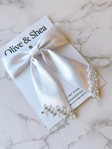 Elsa white Satin  Hair Bow with Gemstones