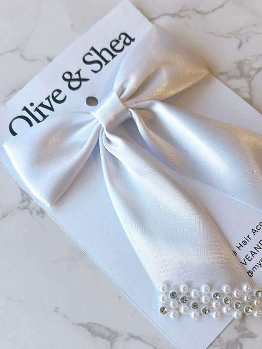 Elsa white Satin  Hair Bow with Gemstones