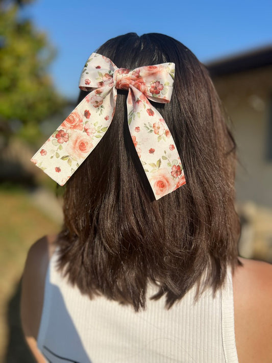 Floral Vintage Small Hair Bow with Tails