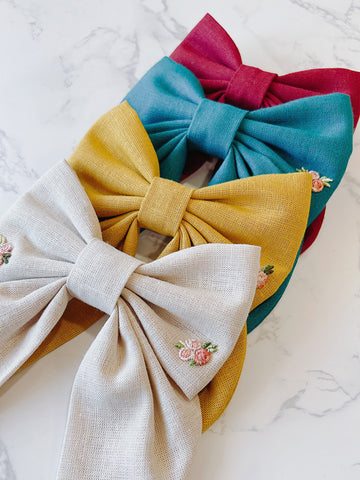 Linen Hair Bow with Floral Embroidery