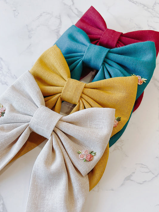 Linen Hair Bow with Floral Embroidery