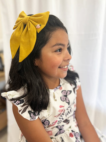 Linen Hair Bow with Floral Embroidery