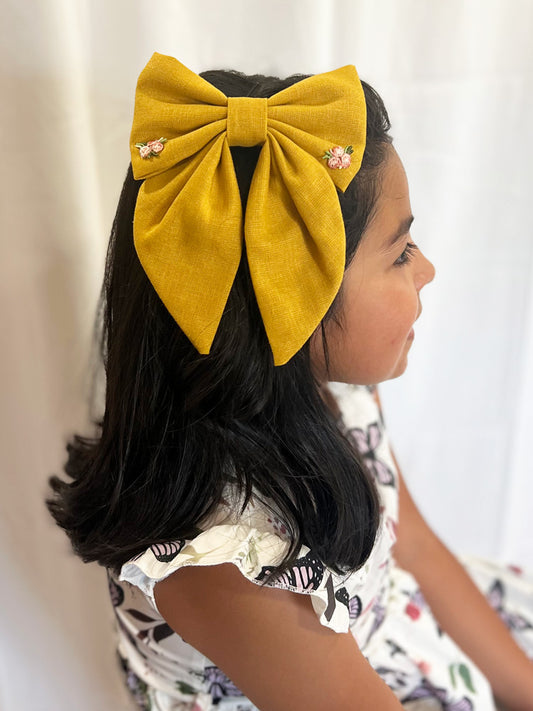 Linen Hair Bow with Floral Embroidery