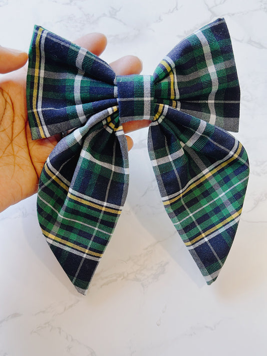 Green, Navy, Yellow Plaid Hair Bow  - Christopher Plaid 1B
