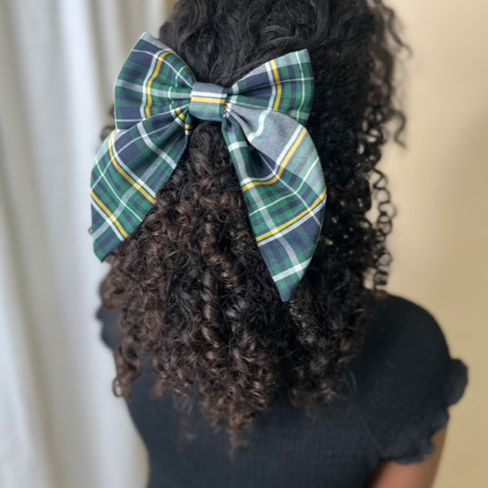 Green, Navy, Yellow Plaid School Hair Bow