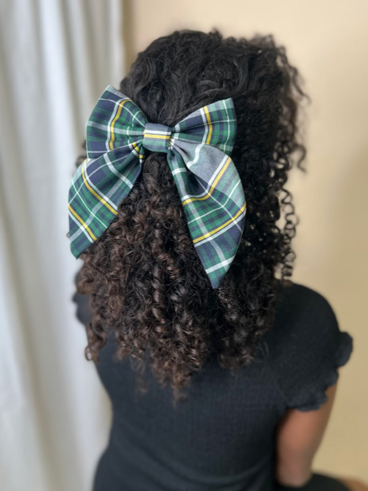 Green, Navy, Yellow Plaid School Hair Bow