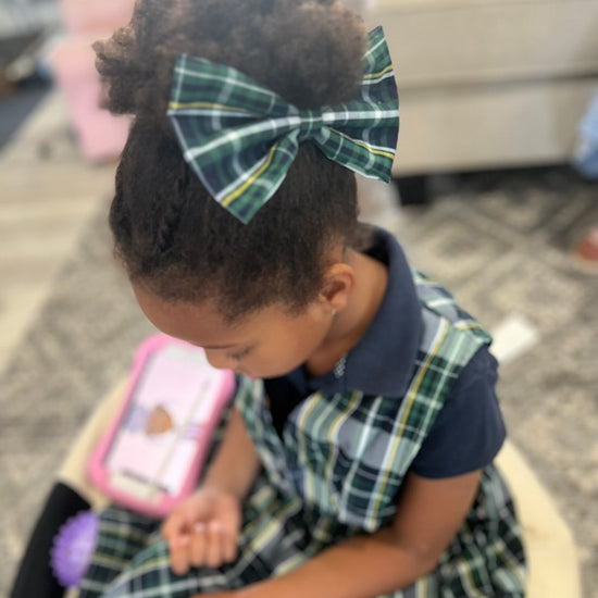 Green, Navy, Yellow Plaid School Hair Bow - Classic