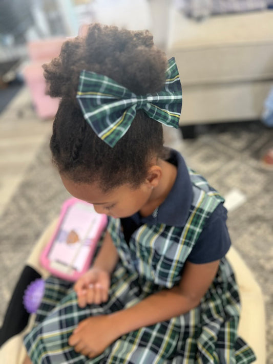 Green, Navy, Yellow Plaid School Hair Bow - Classic
