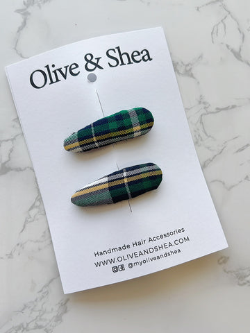 Green, Navy, Yellow Plaid Snap Clips - Christopher Plaid 1B