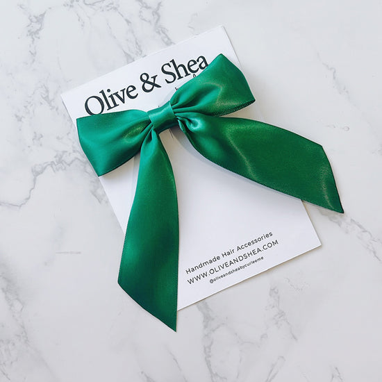 Green Satin Hair Bow with Tails