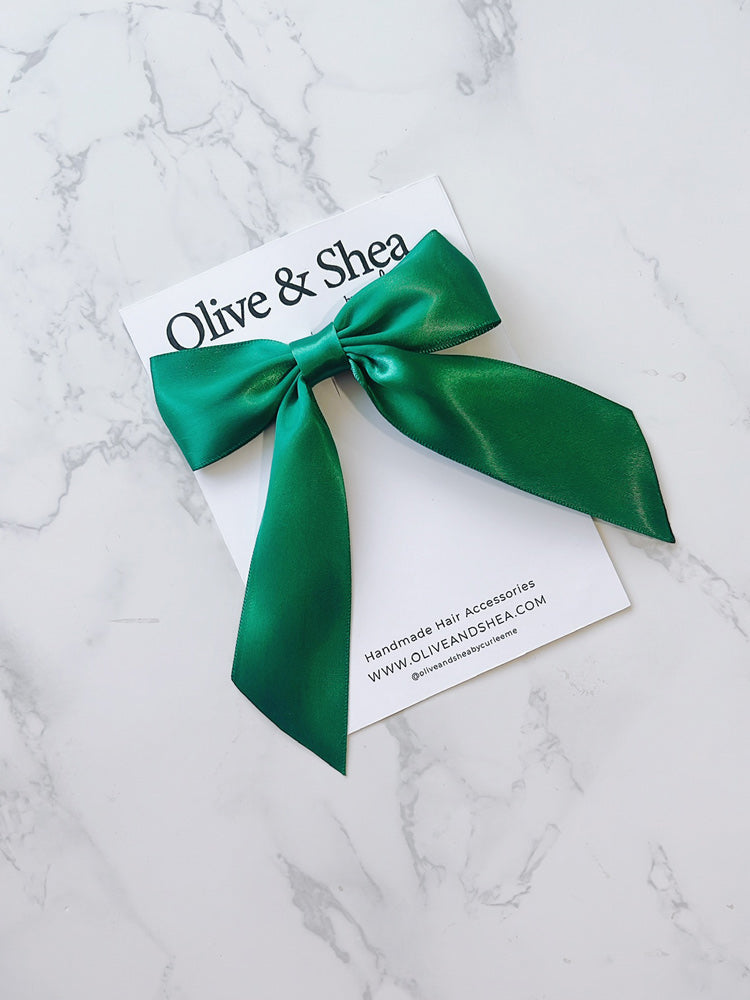 Green Satin Hair Bow with Tails