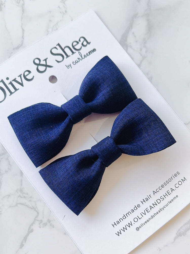 Navy Linen Pigtail Bow