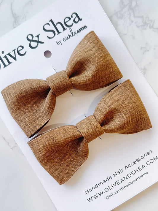 Brown Linen Pigtail Bow Set