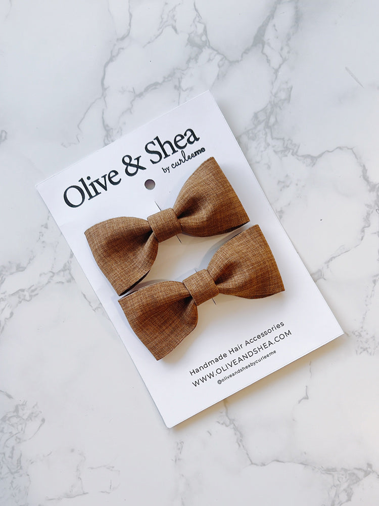 Brown Linen Pigtail Bow Set