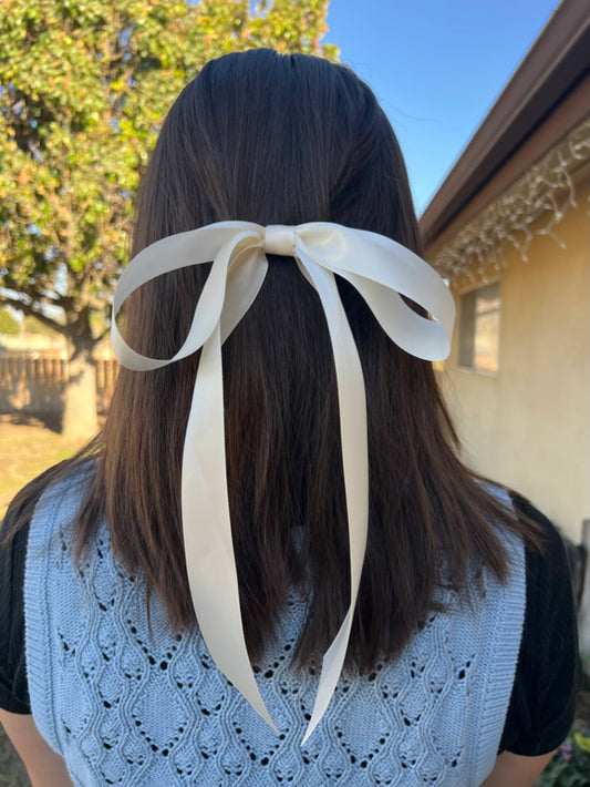 Girl wearing Lana Satin Double Droop Bow