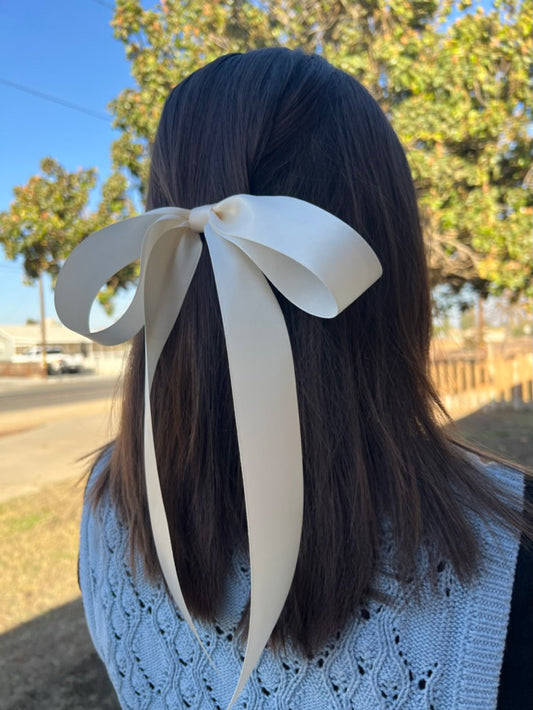 Girl wearing Lana Satin Double Droop Bow