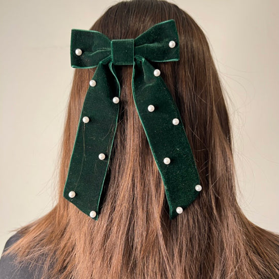 Girl Wearing Rachel Green Velvet Pearl Bow