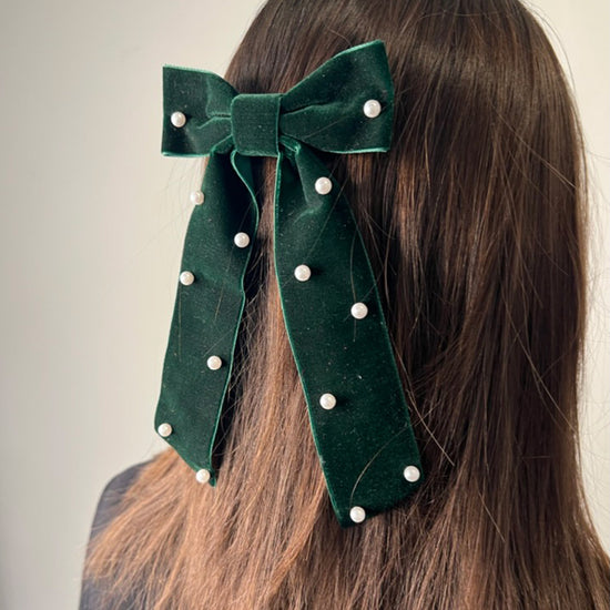 Girl Wearing Rachel Green Velvet Pearl Bow