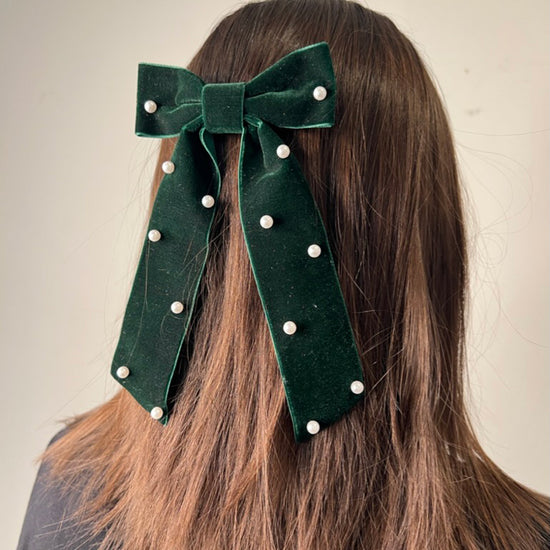 Girl Wearing Rachel Green Velvet Pearl Bow