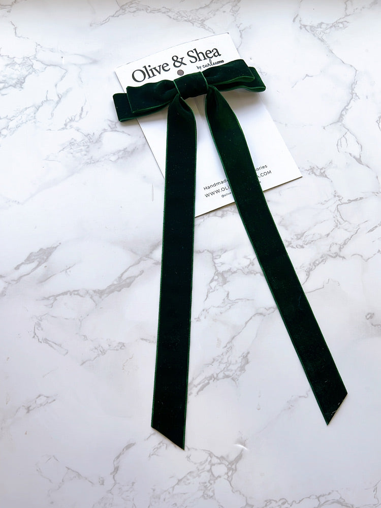 Green Velvet Long Tailed Hair Bow