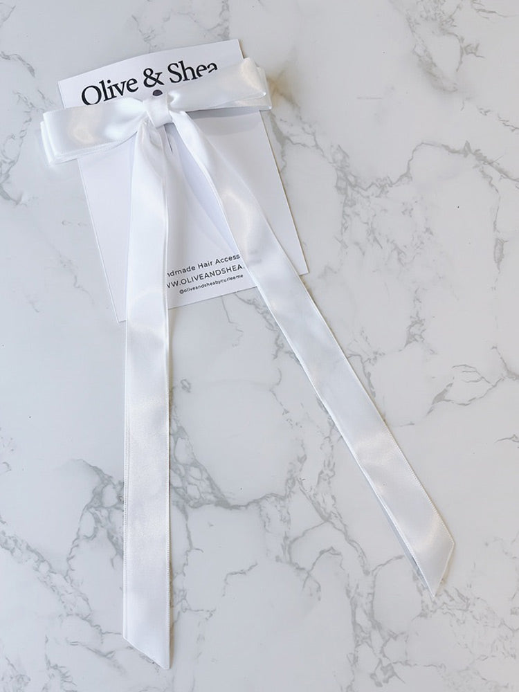 White Satin Long Tailed Hair Bow