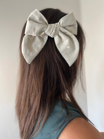 Tan Embroidered Floral Hand Tied Hair Bow