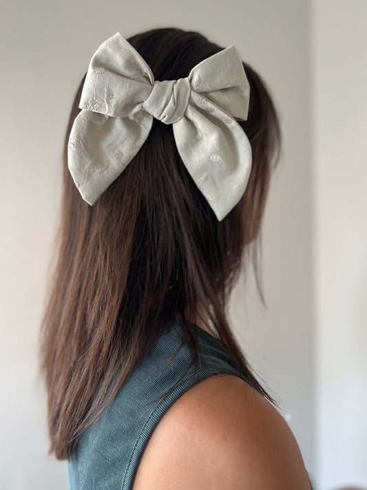 Tan Embroidered Floral Hand Tied Hair Bow