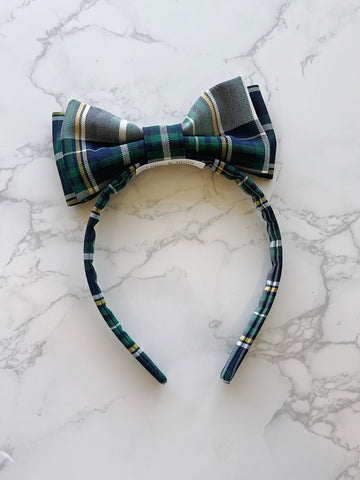 Green, Navy, Yellow School Plaid Upright Bow Headband - Christopher Plaid 1B
