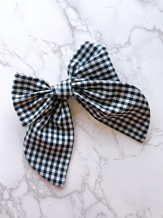 Girls Black and White Gingham Hand Tied Hair Bow
