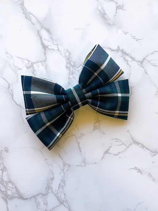 Green School Plaid Double Layer Hair Bow - Christopher Plaid 1B