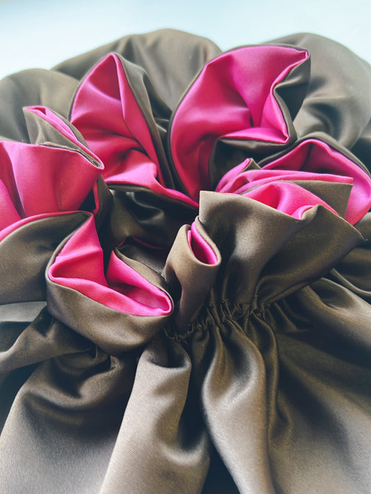 Brown/Pink Ruffle Edge Satin Sleep Bonnet