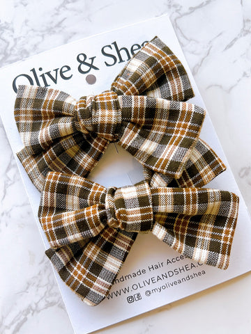 Brown Plaid Hand Tied Pigtail Hair Bow Set