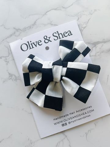 Black and White Checkered Hand Tied Hair Bow