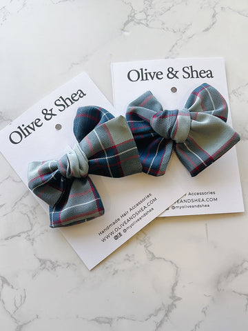 Uniform Grey, Red, White Plaid Small Knot Hair Bow - Plaid 53