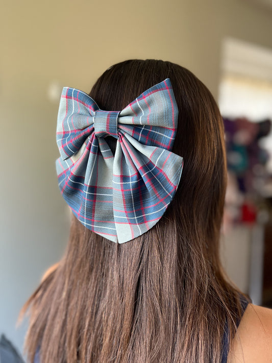Uniform Grey, Red, White Plaid Hair Bow - Plaid 53