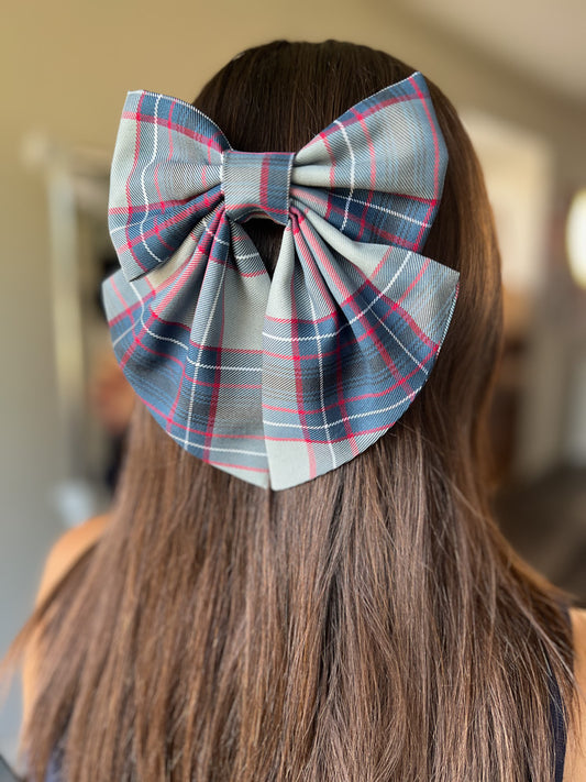 Uniform Grey, Red, White Plaid Hair Bow - Plaid 53