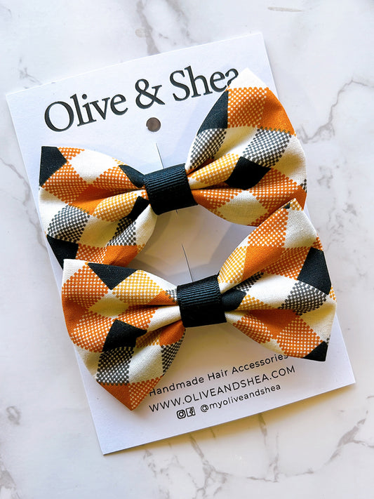 Orange Plaid Pigtail  Hair Bow Set