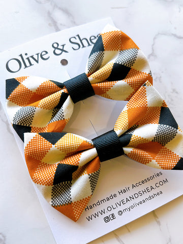 Orange Plaid Pigtail  Hair Bow Set