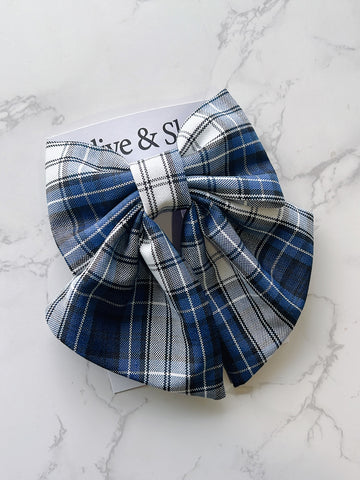 Uniform Blue, Grey, White Plaid Hair Bow - Plaid 85
