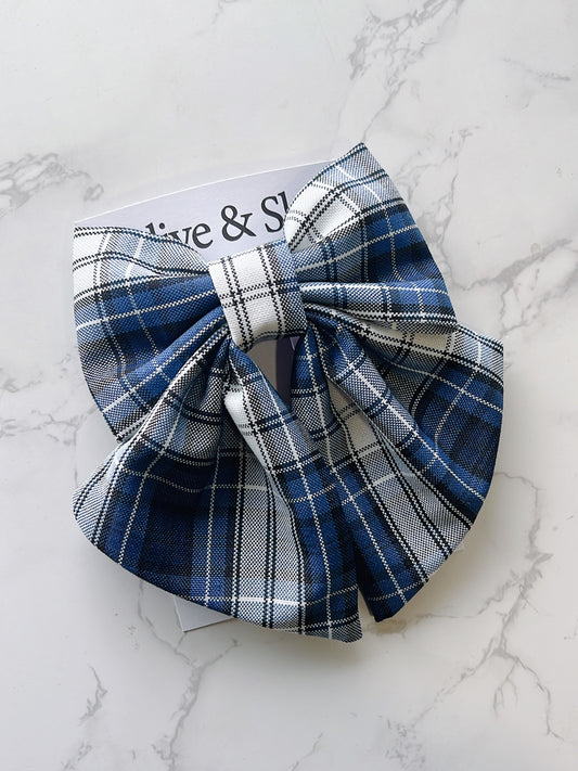 Uniform Blue, Grey, White Plaid Hair Bow - Plaid 85