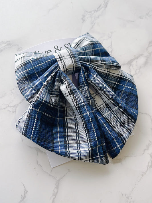 Uniform Blue, Grey, White Plaid Hair Bow - Plaid 85