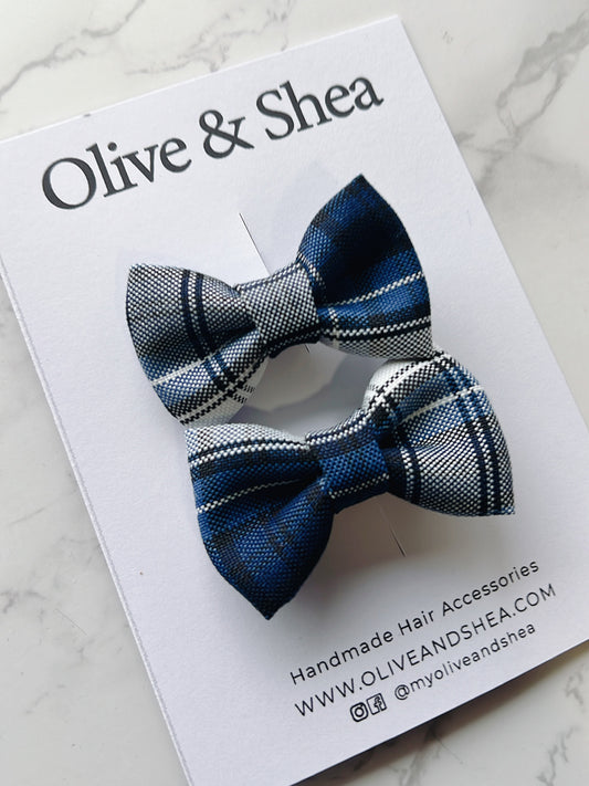Uniform Blue, Grey, White Plaid Mini Hair Bow Set - Plaid 85