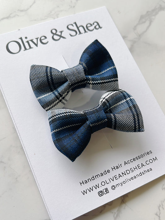 Uniform Blue, Grey, White Plaid Mini Hair Bow Set - Plaid 85