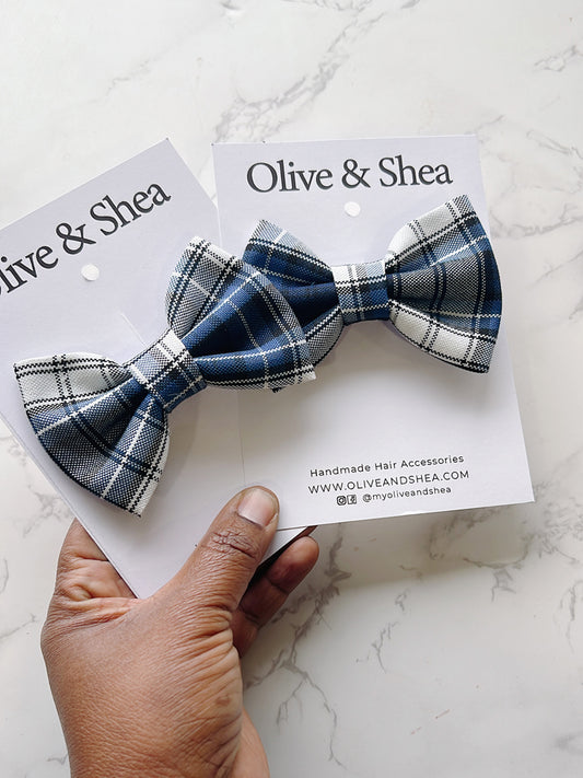 Uniform Blue, Grey, White Plaid Small Hair Bow - Plaid 85